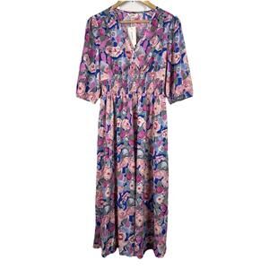 Kormei Boho Floral 3/4 Sleeve Smocked Waist Flowy Floral Midi Dress Medium NWT